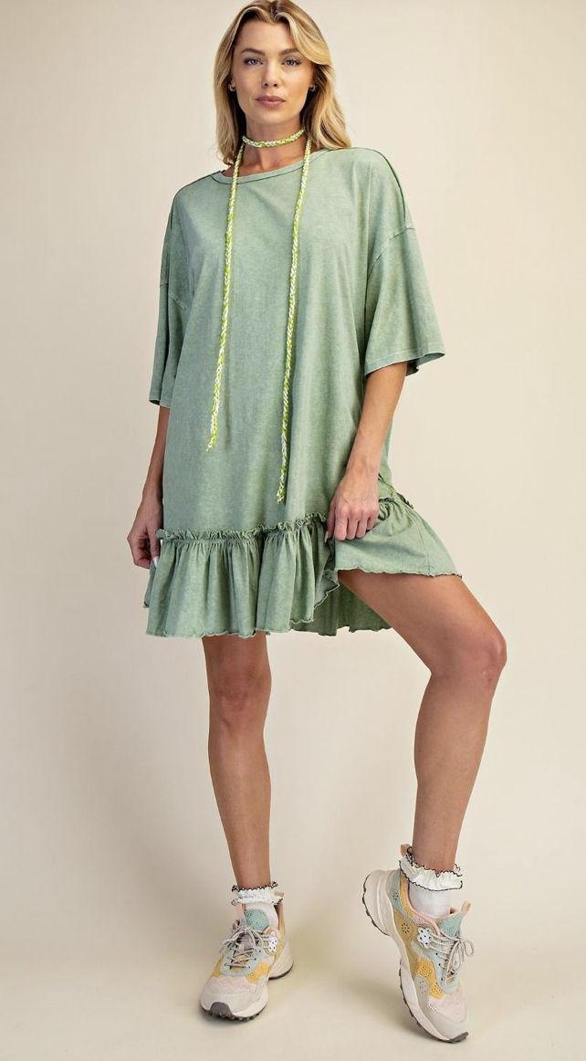 SAGE RUFFLE BOTTOM WASHED COTTON TUNIC DRESS