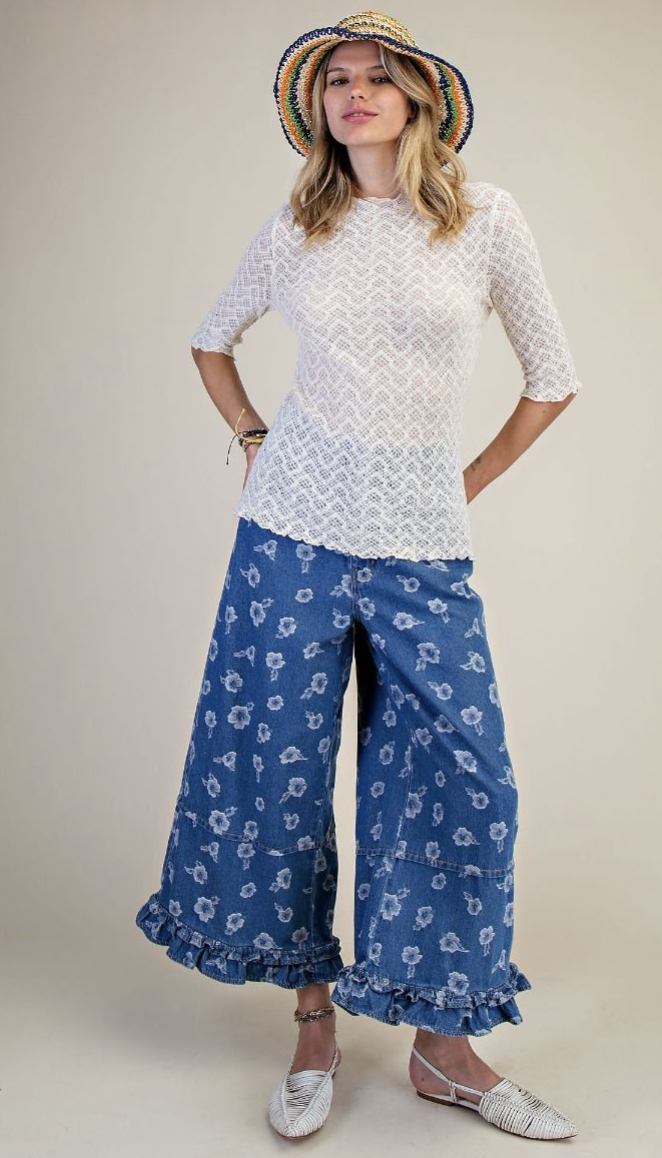 FLOWER JAQUARD DENIM RUFFLE BOTTOM PANTS