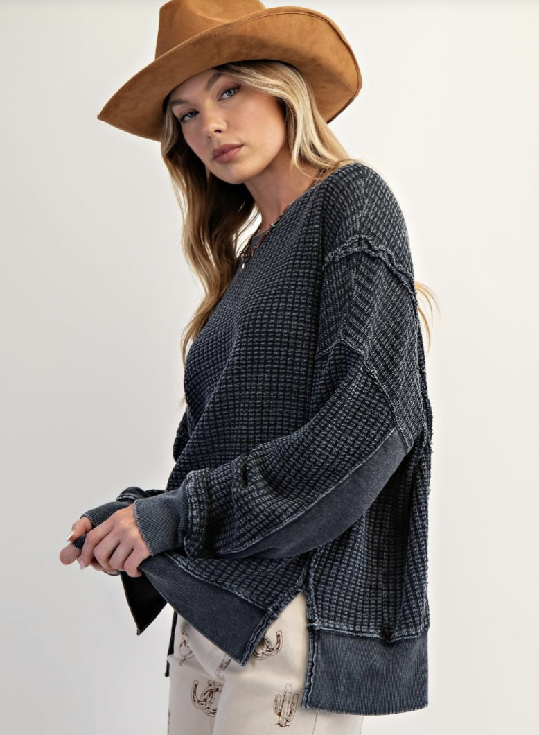 Black Waffle Long Sleeve Top