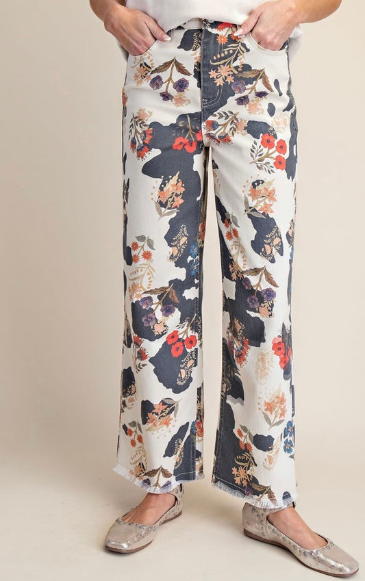 COW FLORAL PRINT WASHED STRETCH TWILL PANTS