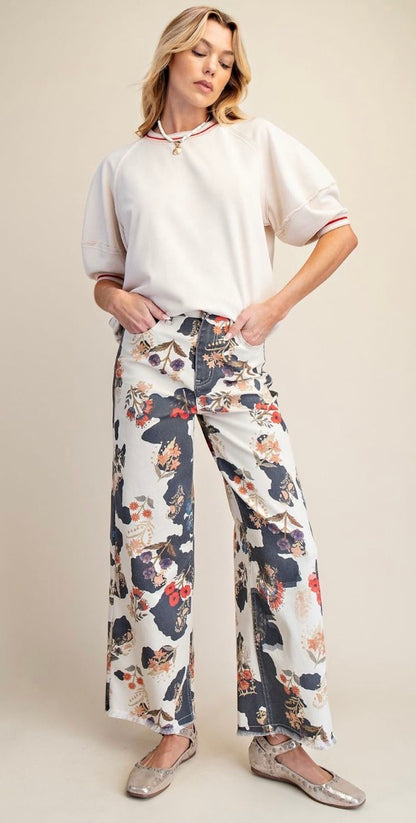 COW FLORAL PRINT WASHED STRETCH TWILL PANTS