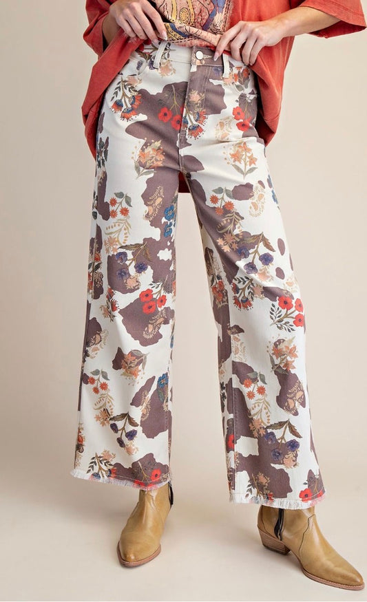 COW FLORAL PRINT WASHED STRETCH TWILL PANTS -RELAXED WIDE LEG SILHOUETTE