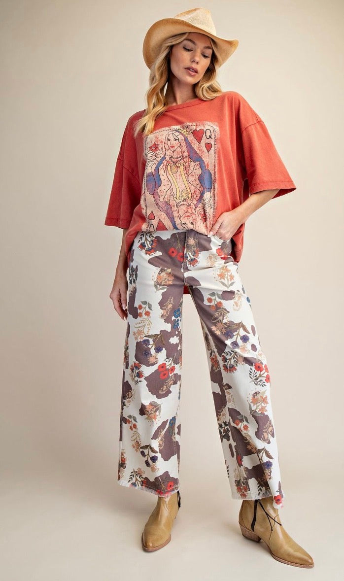 COW FLORAL PRINT WASHED STRETCH TWILL PANTS -RELAXED WIDE LEG SILHOUETTE