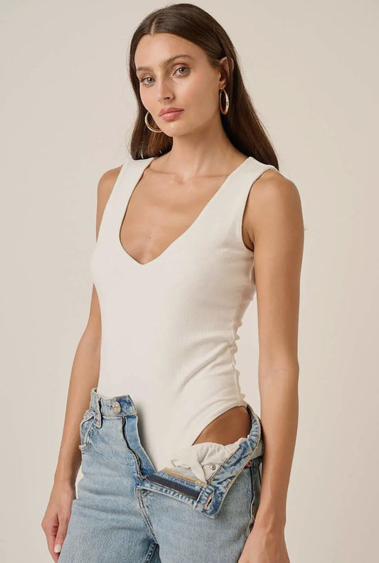 White DEEP V Neck Sleeveless Bodysuit