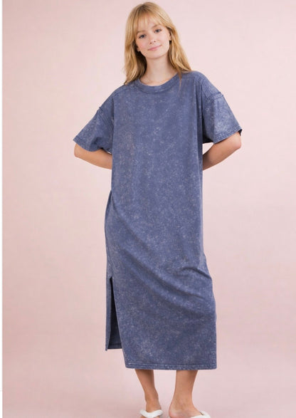 MINERAL WASHED CAUSAL COMFY MIDI DRESS