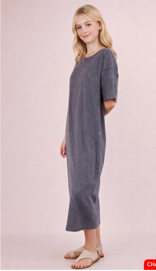 MINERAL WASHED CAUSAL COMFY MIDI DRESS