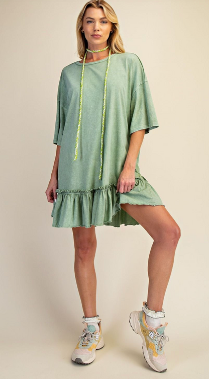 SAGE RUFFLE BOTTOM WASHED COTTON TUNIC DRESS