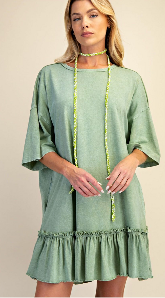 SAGE RUFFLE BOTTOM WASHED COTTON TUNIC DRESS