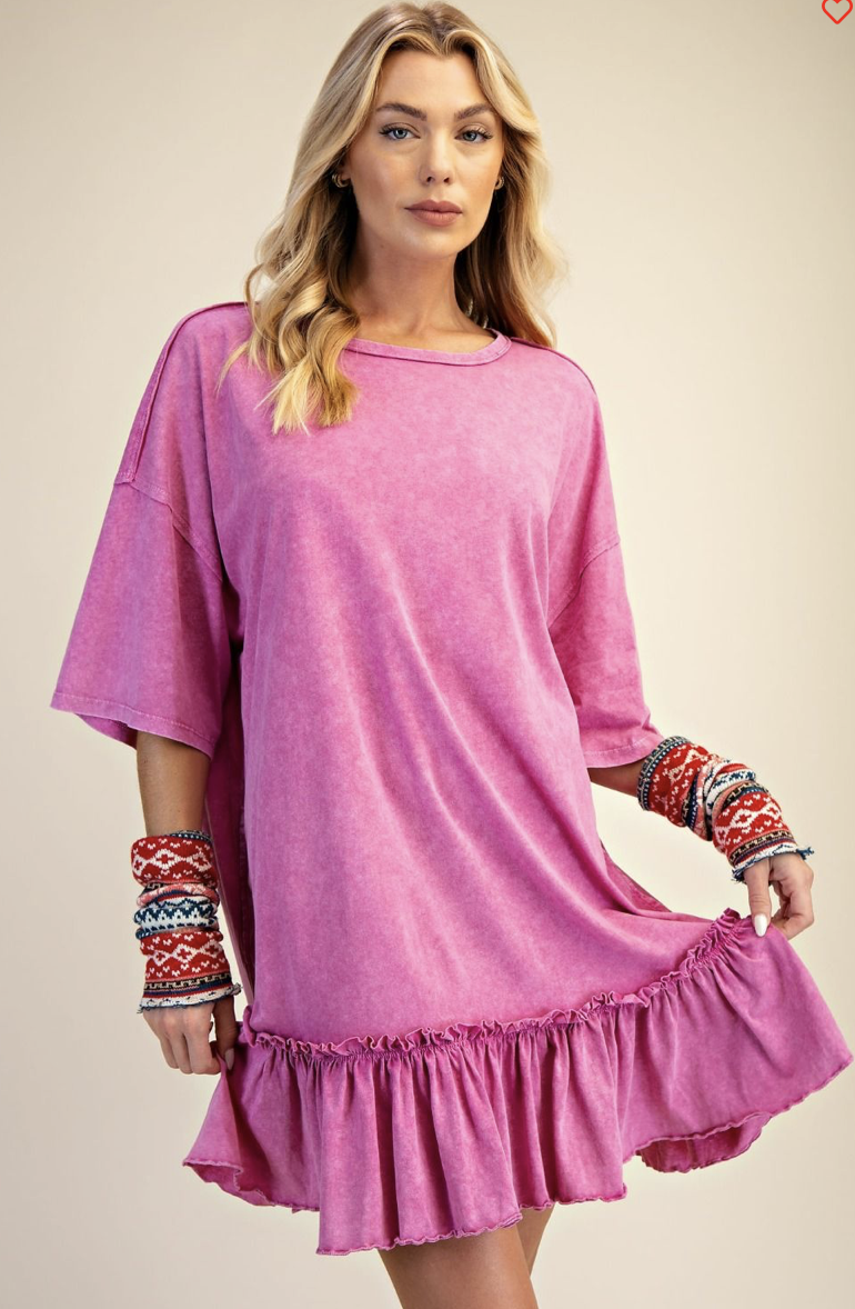 DRAGON FRUIT RUFFLE BOTTOM WASHED COTTON TUNIC DRESS