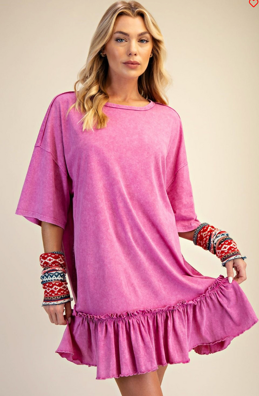 DRAGON FRUIT RUFFLE BOTTOM WASHED COTTON TUNIC DRESS