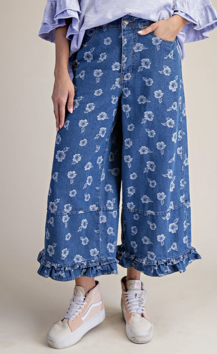 FLOWER JAQUARD DENIM RUFFLE BOTTOM PANTS