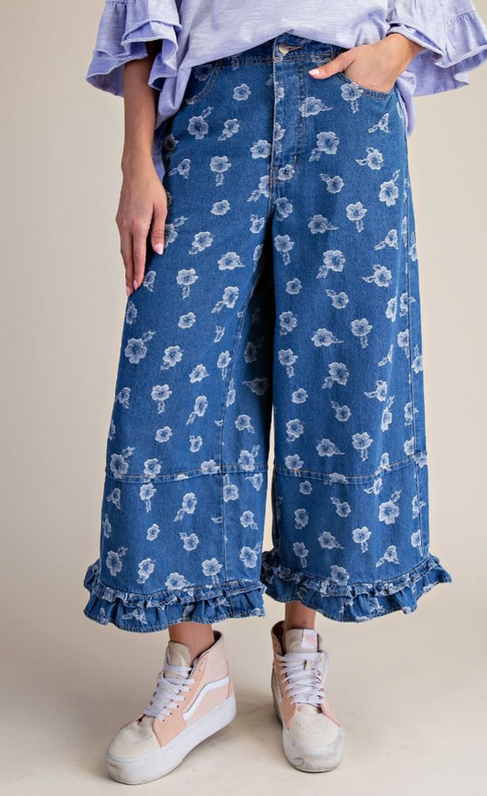 FLOWER JAQUARD DENIM RUFFLE BOTTOM PANTS