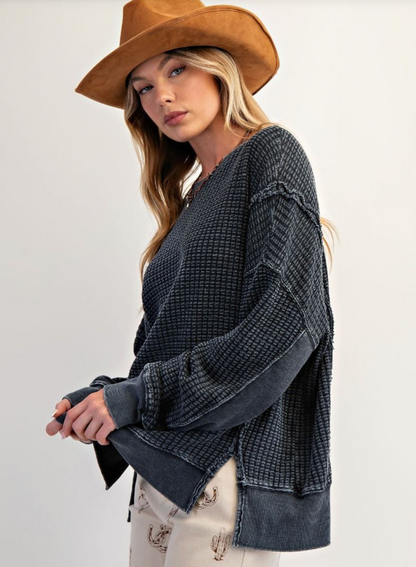 Black Waffle Long Sleeve Top