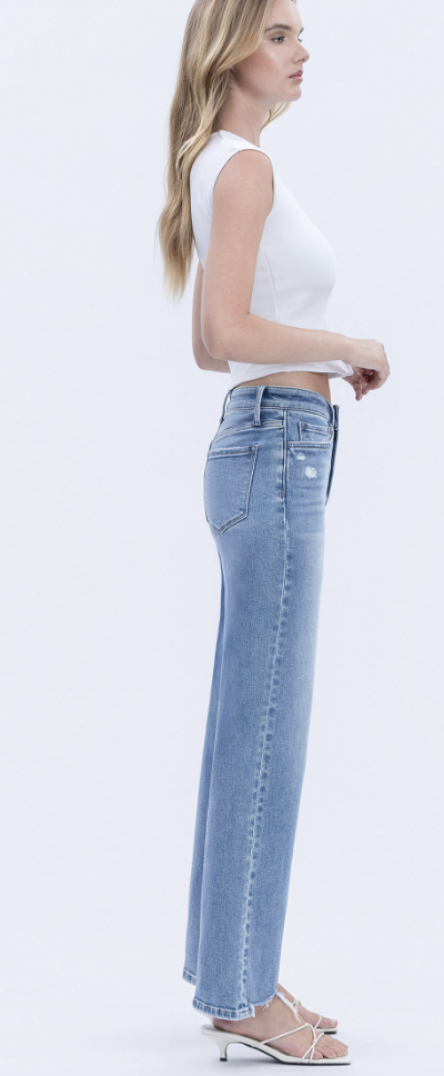 LOVERVET High Rise Distressed Hem Slim Wide Jeans