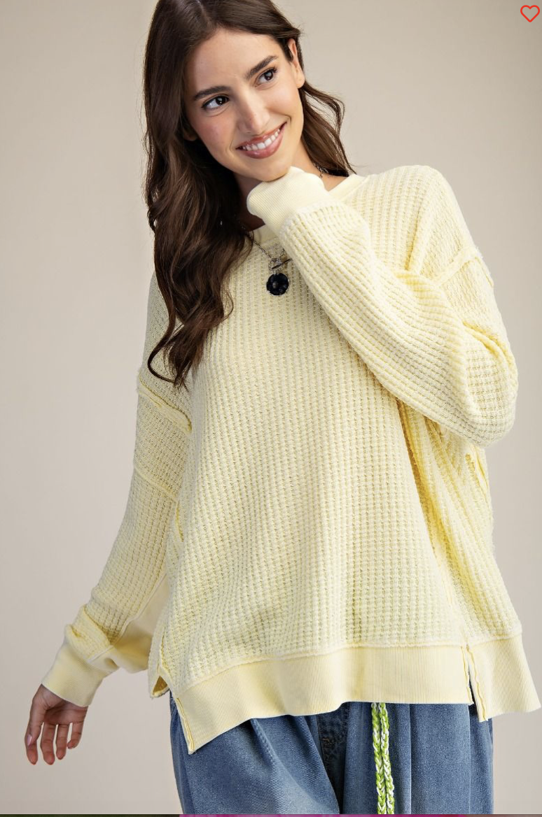YELLOW MINERAL WASHED THERMAL WAFFLE LONG SLEEVE TOP