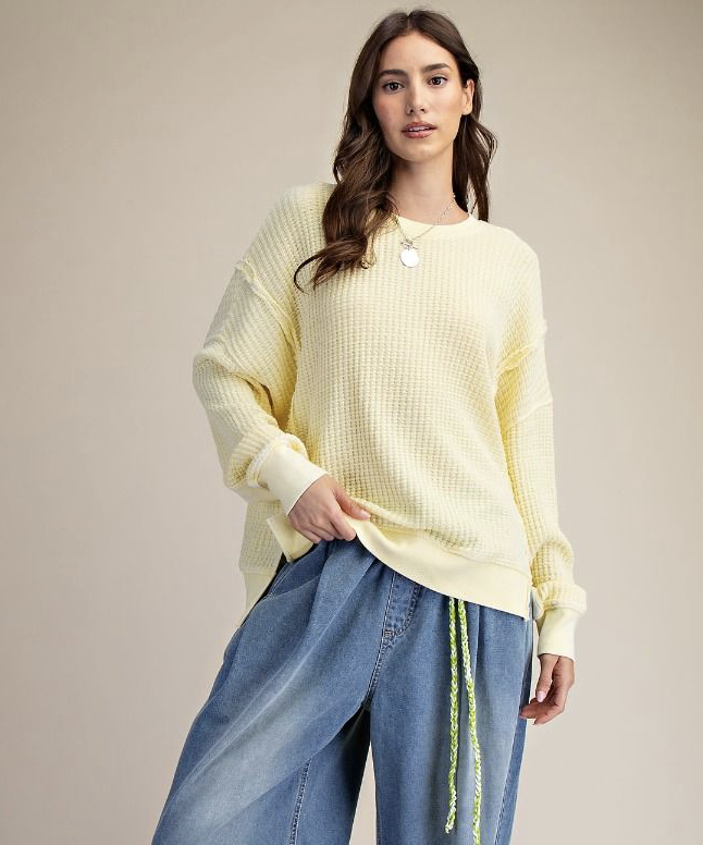 YELLOW MINERAL WASHED THERMAL WAFFLE LONG SLEEVE TOP