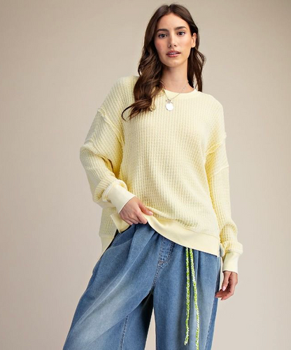 YELLOW MINERAL WASHED THERMAL WAFFLE LONG SLEEVE TOP